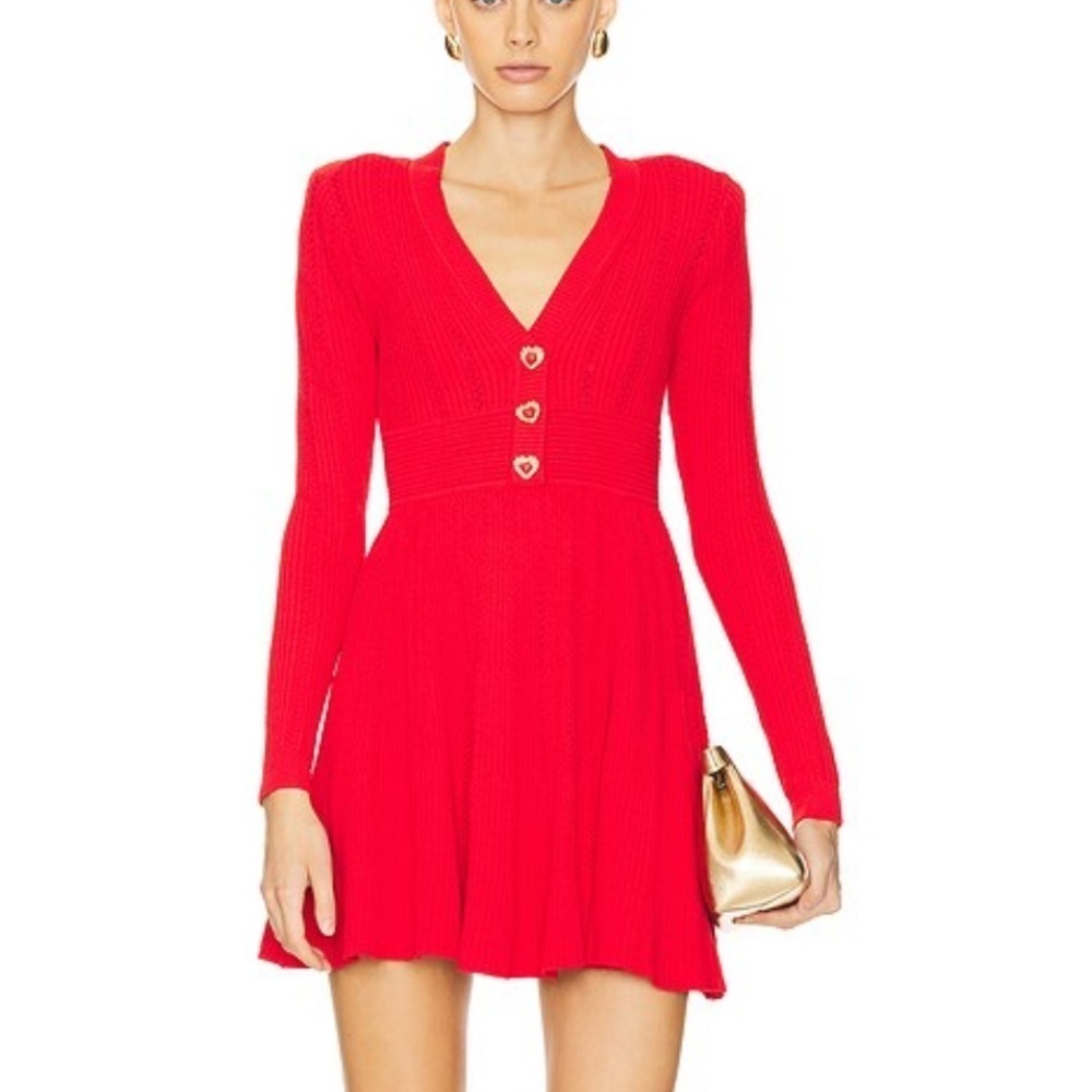 Self-Portrait Pointelle Knit Mini Dress Red valentines sweater stretch Revolve S